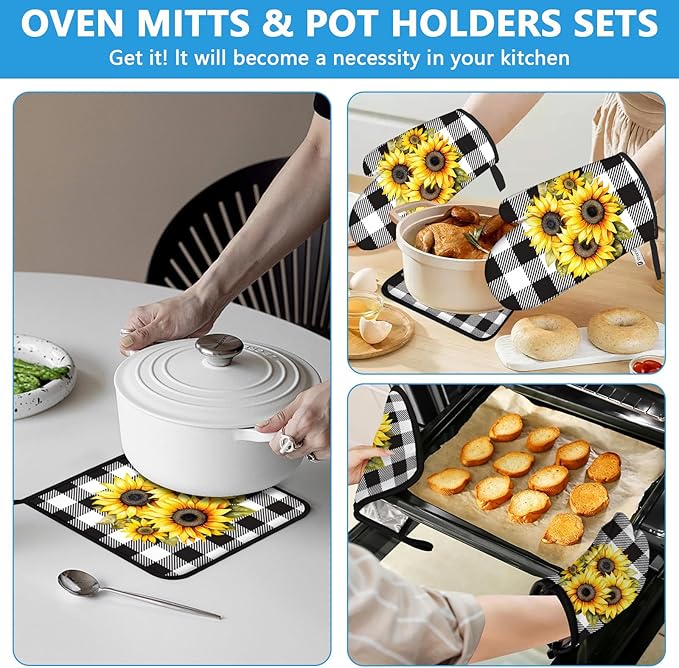 Sunflower Oven Mitts and Pot Holders Sets Heat Resistant 4Pcs Black White Buffalo Plaid Potholders Oven Gloves Hot Pads for Kitchen Baking Cooking Grilling BBQ