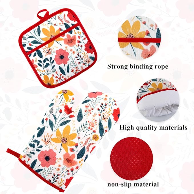 4 Pcs Kitchen Stuff, Wild Floral Kitchen Oven Mitts, Pot Holders Sets with Microfiber Kitchen Towels,Kitchen Accessories, Gifts for Women