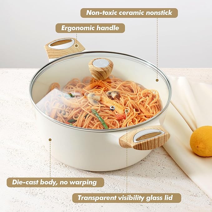 SENSARTE Ceramic Nonstick Stock Pot with Lid, 4.5+6.6 QT Soup Pot Set Casserole Pot, Non-toxic Healthy Pasta Pot, Large Cooking Pot Stew Pot, Induction Compatible, PFOA PFAS PTFE Free, White - Image 7