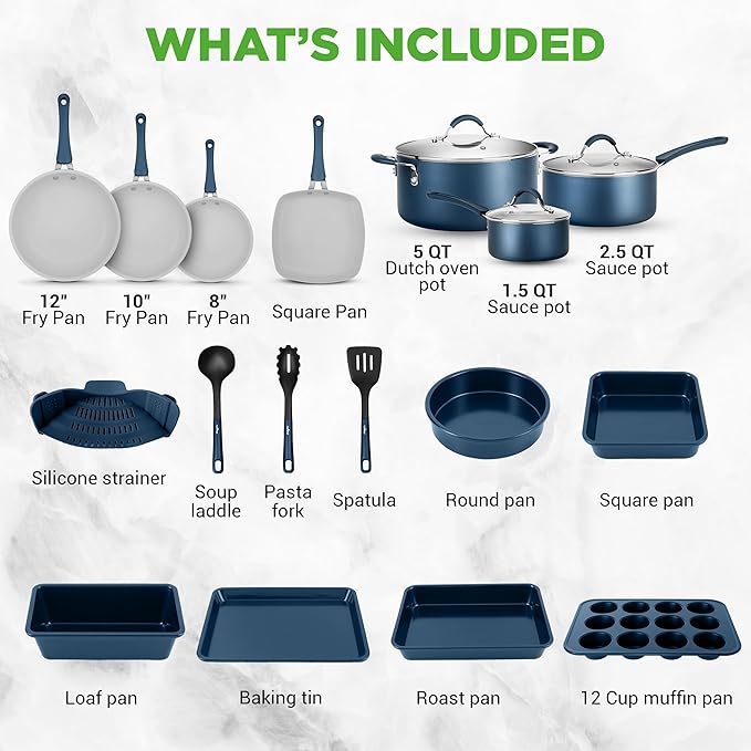 NutriChef Professional 20 Pc Pots and Pans Set Non Stick in Navy Blue - Includes Bakeware & Utensils, Induction Ready, Easy Clean - Image 6