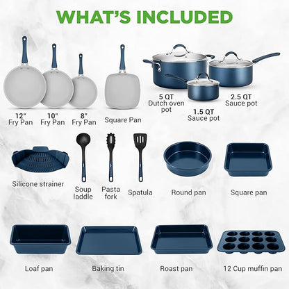 NutriChef Professional 20 Pc Pots and Pans Set Non Stick in Navy Blue - Includes Bakeware & Utensils, Induction Ready, Easy Clean - Image 6