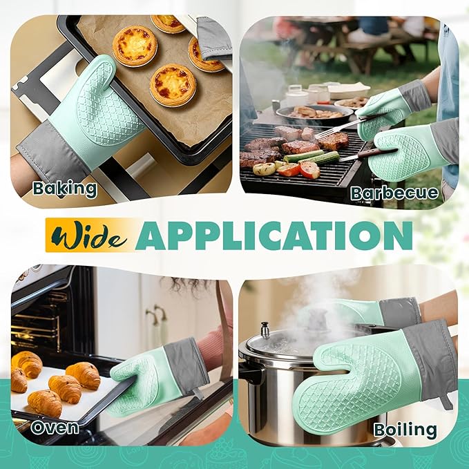 Silicone Oven Mitts (2 PCS), Waterproof Non Slip Grip Oven Gloves with Thick Soft Cotton Lining, Universal Fit Heat Resistant Kitchen Gloves for Baking, BBQ, Cooking and Grilling-Green