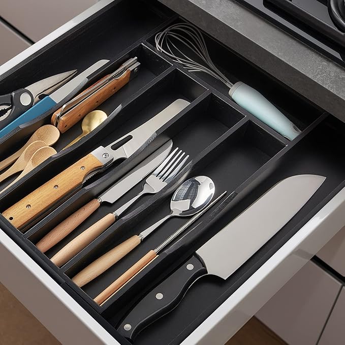 Expandable Bamboo Kitchen Drawer Organizer for Cutlery and Utensils, Adjustable Bamboo Wood Cutlery Tray in Drawer for Flatware and Silverware in Kitchen, (Black) - Image 2