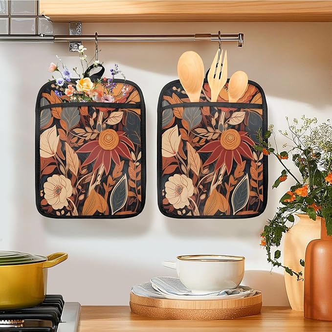 Boho Vintage Floral Pot Holders for Kitchen, Mid Century Modern Boho Flower Botanical Heat Resistant Hot Pads and Oven Mitts for Baking Cooking - Image 2