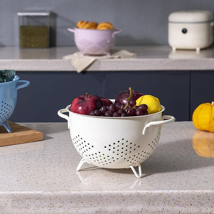 Metal Colander 5 Quart Powder Coated Self-draining Metal Strainer with Base,Kitchen Pasta Fruit Vegetable Basket with Double Handles (Cream)