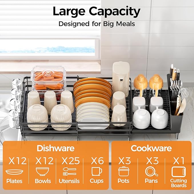 Delamu Stainless Steel Dish Drying Rack, Expandable Dish Drainer, Anti-Rust Large Dish Racks for Kitchen Counter, Dish Strainers with Drainboard, Utensil & Cup Holder, 13.4"-28.7" L x 11.8" W, Black - Image 3