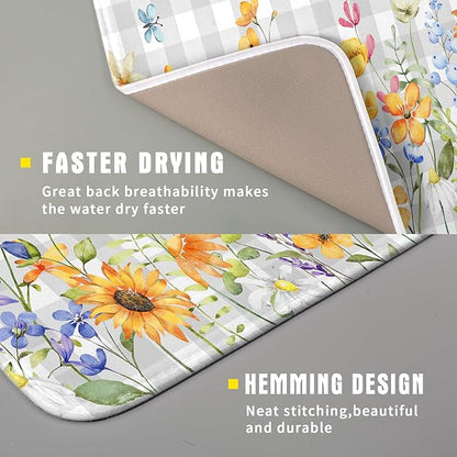 Giwawa Spring Floral Dish Drying Mat, Summer Flower Grey Buffalo Plaids Dish Drainer Mats, Wildflower Butterfly Check Reversible Drying Rack Pad Protector for Kitchen Countertop Decor, 16"x18"