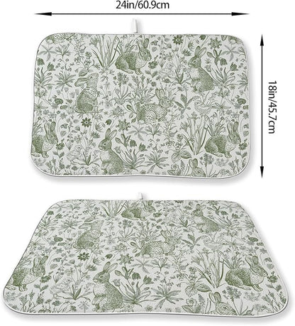 Easter Dish Drying Mat 18 x 24 Inch Sage Green Bunny Floral Drying Mat for Kitchen Counter Absorbent Sage Green Wildflowers Botanical Spring Dishes Dry Pad for Drainer Rack Kitchen Fast Dry