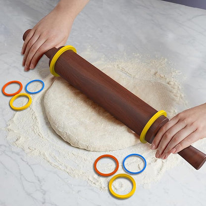 Classic Wooden Rolling Pin with Handle for Fondant, Pizza, Pies, Cookies, Pastries, Rolling Pin for Baking with 3 Multi-Color Thickness Rings, 17" x 2.5" (Include handle) Sapele Rolling Pin - Image 2