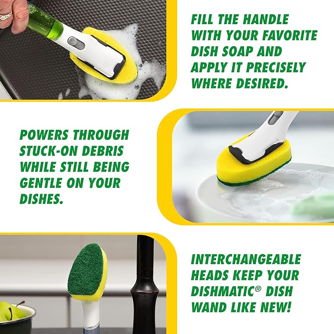 Libman Dishmatic I-Stand Dish Wand Kit, Kitchen Cleaning Scrub Brush with Handle and Soap Dispenser for Scrubbing and Washing Dishes, Refillable Standing Dispensing Scrubber Brushes, 3 Sponge Refills - Image 5