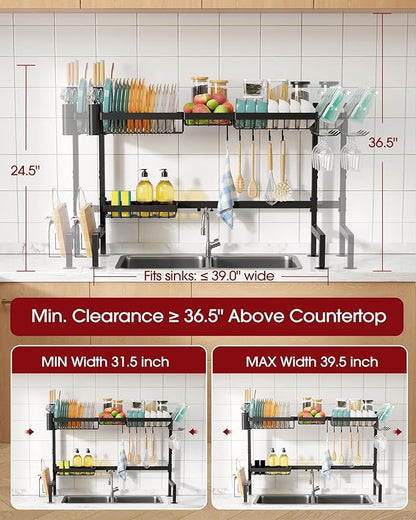 Sakugi Over The Sink Dish Drying Rack - Adjustable 2 Tier X-Large Capacity Stainless Steel Drainer with Cutlery & Utensil Holders, Kitchen Storage & Organization, 31.5"-39.5"L x 12"W x 24.5"H, Black - Image 3