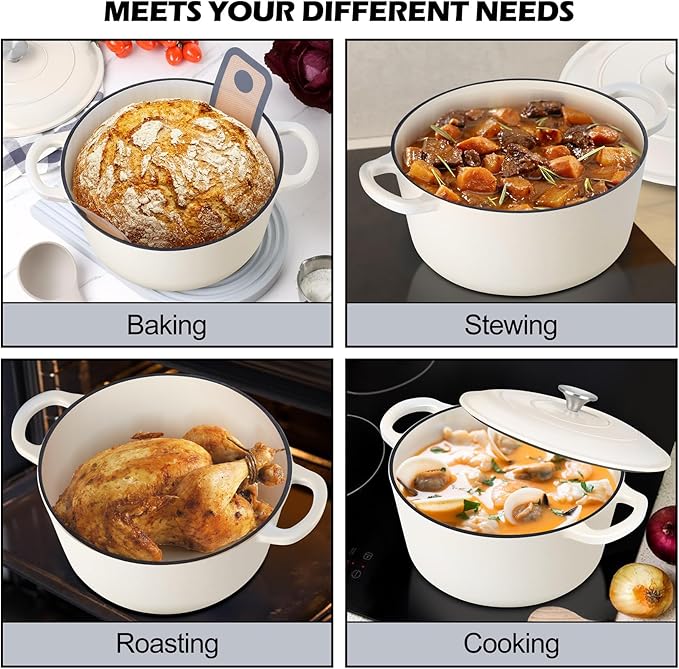 TeamFar 6Qt Dutch Oven, Enameled Cast Iron Dutch Oven Pot with Lid & Dual Handles for Bread Baking, Cooking, Simmer, Non Toxic & Heavy Duty, Oven Safe & Various Stovetops Suitable - Cream White - Image 7