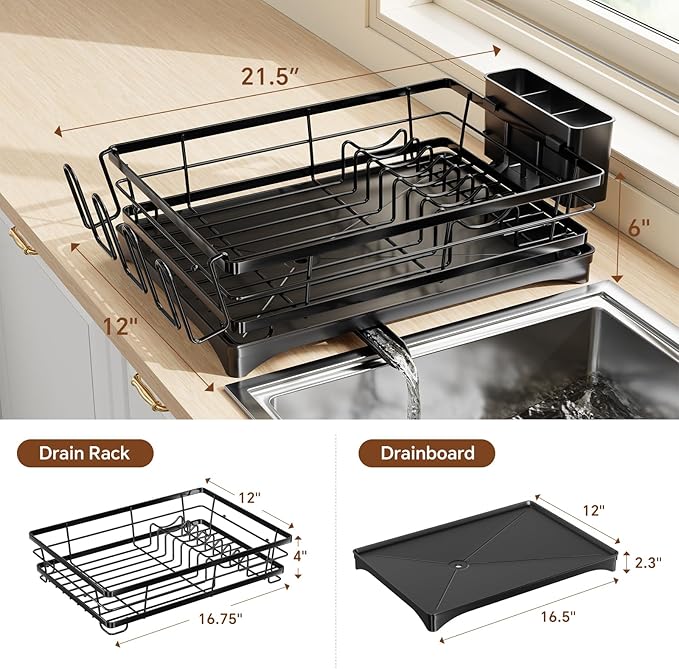 Simple Trending Dish Drying Rack for Kitchen Counter, Rust-Resistant Dish Rack, Large Dish Drainer Organizer with Cutlery Holder & Cup Holders, Black - Image 2