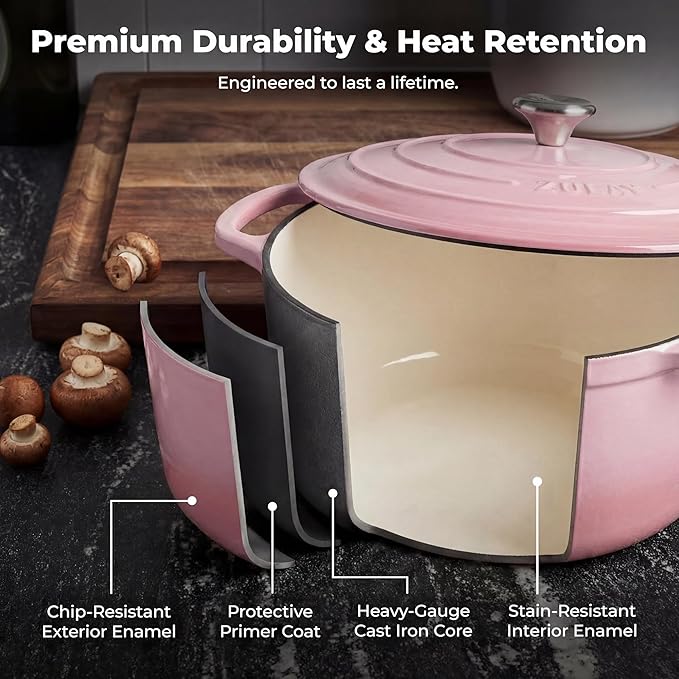 Zulay Kitchen 7.7 Quart Enameled Cast Iron Dutch Oven Pot with Lid – Premium Durability & Oven Safe up to 500°F – Heavy Duty Cookware Perfect for Bread Baking, Stews, Braising & Roasting – Pink - Image 5