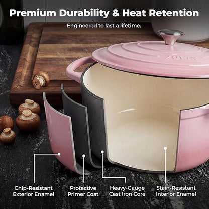 Zulay Kitchen 5 Quart Enameled Cast Iron Dutch Oven Pot with Lid – Premium Durability & Oven Safe up to 500°F – Heavy Duty Cookware Perfect for Bread Baking, Stews, Braising & Roasting – Pink - Image 5