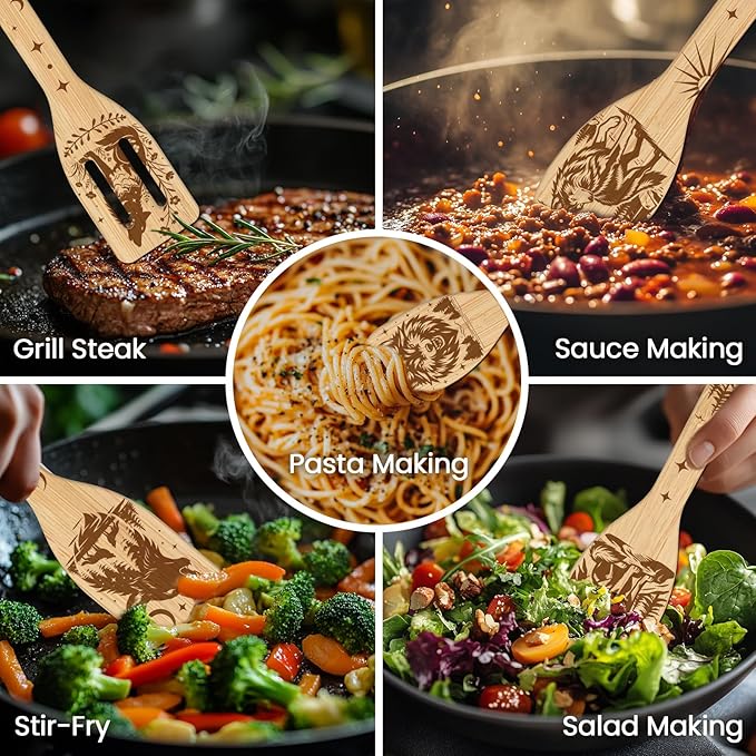 CUTHOLLOW 6PCS Wolves and Forest Wooden Kitchen Cooking Utensil Set, 11.9in Non Toxic Bamboo Wood Spoon Set for Cooking, Best Housewarming Birthday Thanksgiving Christmas Gift for Women Mother