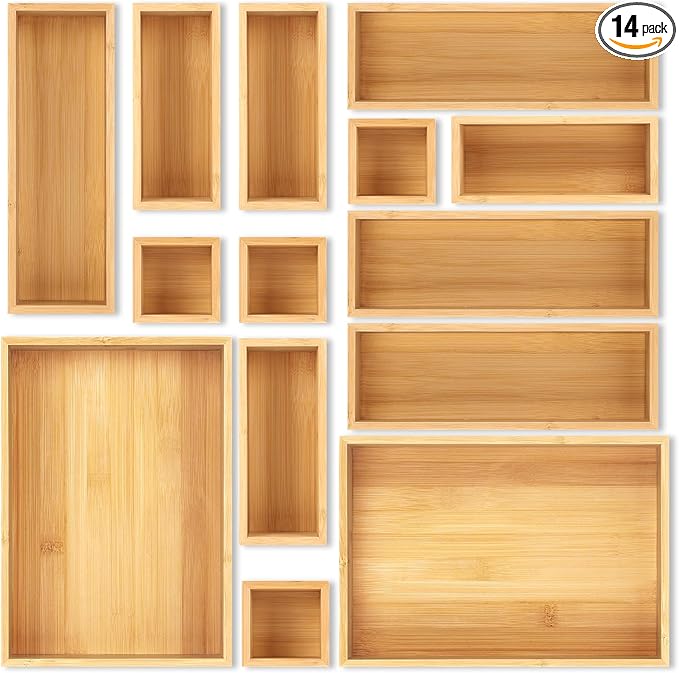 Bamboo Drawer Organizer Set, 14 PCS Multi-Use Individual Wood Storage Organizers, Junk Drawer Divider and Storage Trays Containers for Kitchen, Bathroom, Office Desk, Makeup, Jewelry, Utensils by MapleGrace
