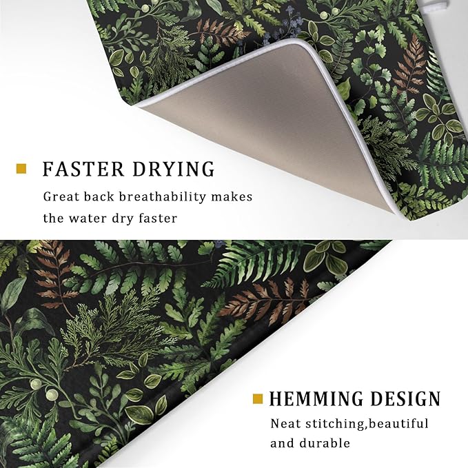 Black Sage Green Plant Dish Drying Mat for Kitchen Counter,Vintage Botanic Fern Leaves Floral Drying Mat 18 x 24 Inch with Absorbent Reversible Microfiber Drying Pad for Coffee Bar - Image 3