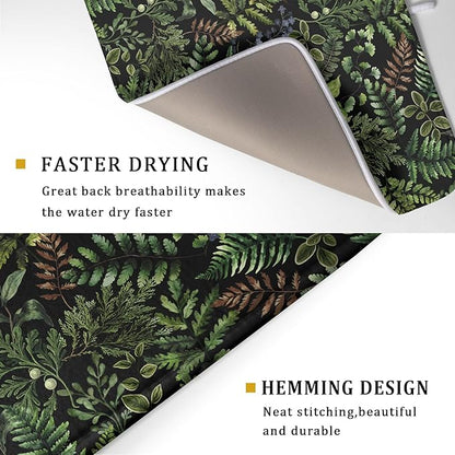 Black Sage Green Plant Dish Drying Mat for Kitchen Counter,Vintage Botanic Fern Leaves Floral Drying Mat 18 x 24 Inch with Absorbent Reversible Microfiber Drying Pad for Coffee Bar - Image 3