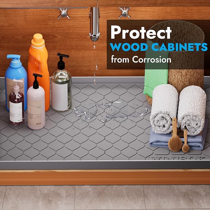 Winisok Silicone Under Sink Mat 28" x 19", kitchen Essentials and Gadgets, Shelf liner and Cabinet Protector, Home Organizers and Storage, Waterproof Bathroom Tray - Image 3