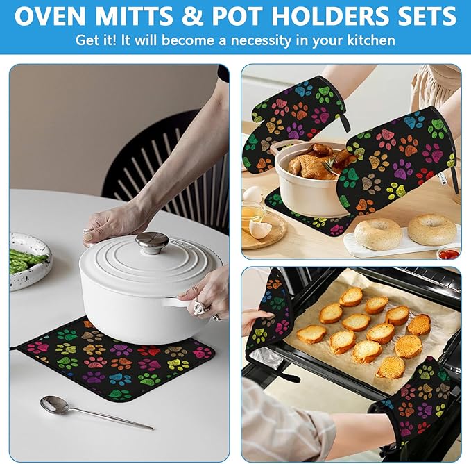 Colorful Paw Print Oven Mitts and Pot Holders Sets Heat Resistant 4Pcs Potholders Oven Gloves Hot Pads for Kitchen Baking Cooking Grilling BBQ