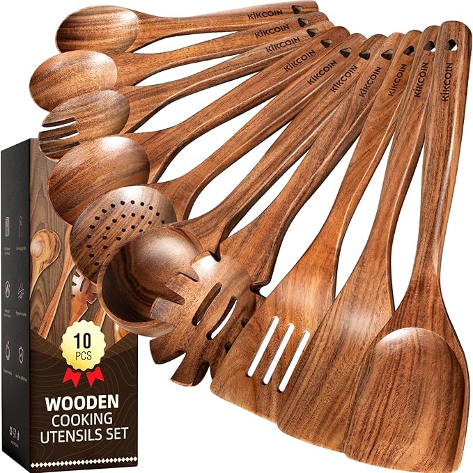 Kikcoin 10 PCS Durable Natural Teak Wooden Cooking Utensil Set, Non Toxic Wooden Spoons for Cooking, Wooden Utensil Set for Cooking with Comfort Grip, Nonstick & Easy to Clean Wood Kitchen Utensil Set by Kikcoin