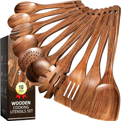 Kikcoin 10 PCS Durable Natural Teak Wooden Cooking Utensil Set, Non Toxic Wooden Spoons for Cooking, Wooden Utensil Set for Cooking with Comfort Grip, Nonstick & Easy to Clean Wood Kitchen Utensil Set by Kikcoin