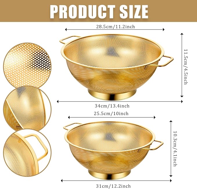 Strainers and Colanders Set, 2 PCS Stainless Steel Colander and 3 PCS Fine Mesh Strainer Gold Metal Pasta Rice Colanders & Food Strainers with Handles for Kitchen, Dishwasher Safe (5 Quart+4 Quart) - Image 3