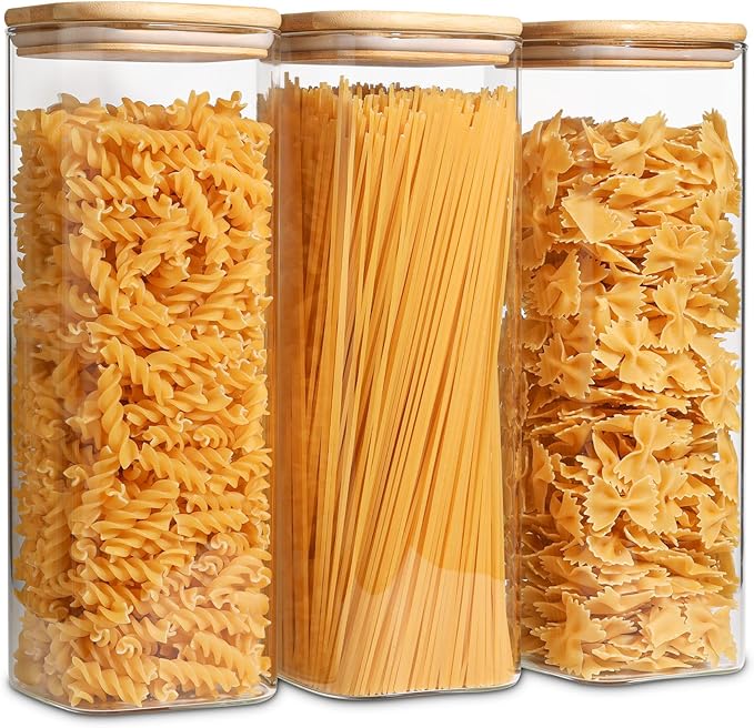 ComSaf Glass Spaghetti Pasta Storage Containers with Lids 2.2 Qt Set of 3, Tall Clear Airtight Food Storage Jar with Lid for Noodles Flour Oat Cereal Sugar Beans, Sqaure Spaghetti Pantry Containers by ComSaf