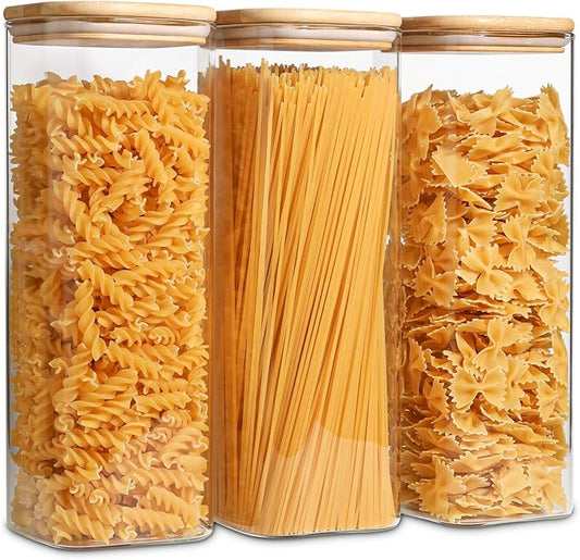 ComSaf Glass Spaghetti Pasta Storage Containers with Lids 2.2 Qt Set of 3, Tall Clear Airtight Food Storage Jar with Lid for Noodles Flour Oat Cereal Sugar Beans, Sqaure Spaghetti Pantry Containers by ComSaf
