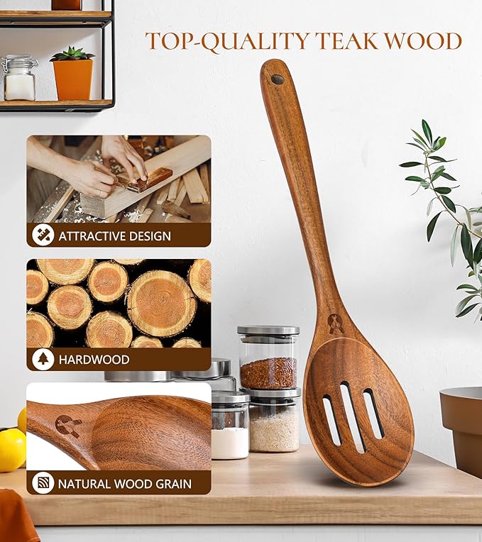 Wooden Slotted Spoons for Cooking, Good Grips Large Wooden Slotted Spoon, Natural Premium Teak Spoons Spatula, Heat Resistant Cooking Utensils for Nonstick Cookware, Serving and Mixing - Image 2