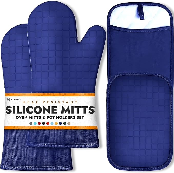 BPA-Free Soft Silicone 4 Piece Oven Mitts & Pot Holders Set - Ultra Heat Resistant Oven Mitts with Thick Cotton Liner - Long Slip Resistant Pot Holders, Flexible Oven Gloves - Navy by HOMWE