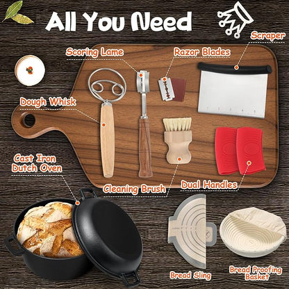 Cast Iron Dutch Oven for Bread Baking, 5 Qt Sourdough Dutch Oven with Lid, 2-in-1 Dutch Pot with Bread Baking Supplies for Camping, Frying and Braising