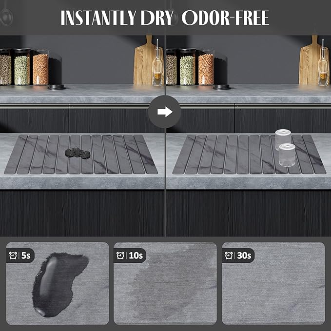 2 PCS Extra Large Stone Dish Drying Mat for Kitchen Counter, 28"×16" Marble Dish Drying Mat with 8"x 4" Coasters, Non - Slip Collapsible Absorbent Stone Dish Drying Mat for Multi - Purpose - Image 2