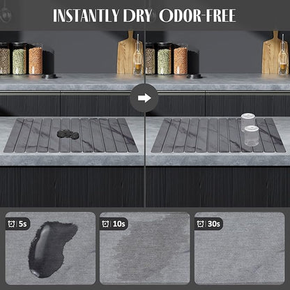 2 PCS Extra Large Stone Dish Drying Mat for Kitchen Counter, 28"×16" Marble Dish Drying Mat with 8"x 4" Coasters, Non - Slip Collapsible Absorbent Stone Dish Drying Mat for Multi - Purpose - Image 2