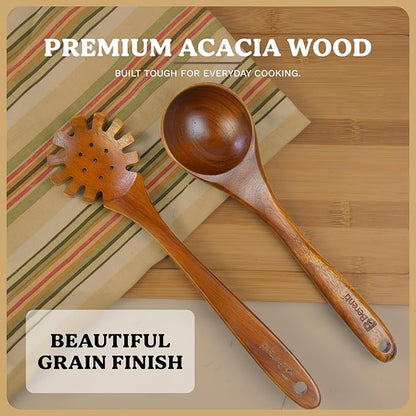 7Pcs Wooden Kitchen Utensil Set, Premium Natural Acacia Wood Cooking Utensils for Nonstick Cookware, Spoon Spatula Turner Ladle Skimmer Pasta Server, BPA Free