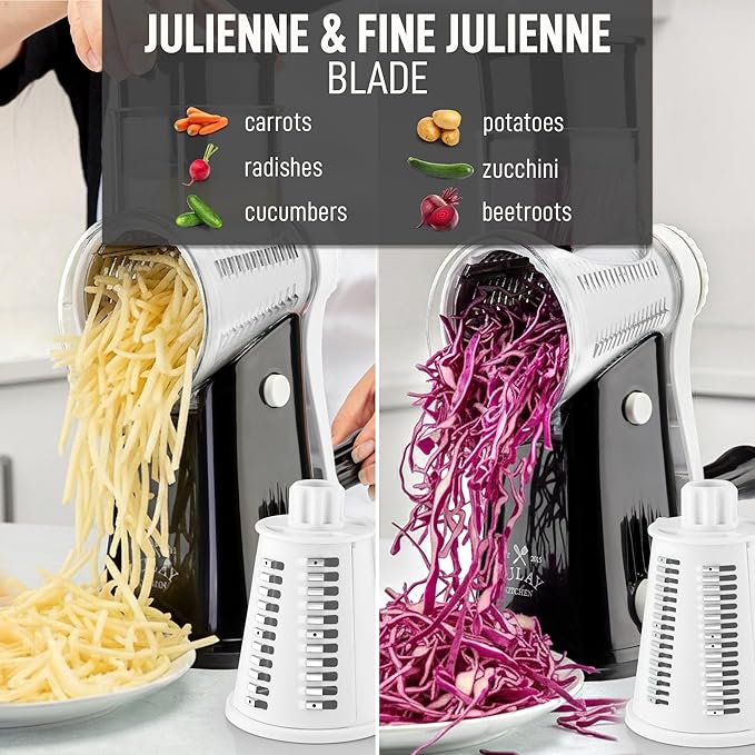 Zulay Kitchen Rotary Cheese Grater 5 Blade Cheese Shredder - Manual Hand Crank Cheese Grater With Reinforced Suction & 5 Interchangeable Drums - Easy to Use, Vegetable Chopper Round Mandoline Slicer - Image 6