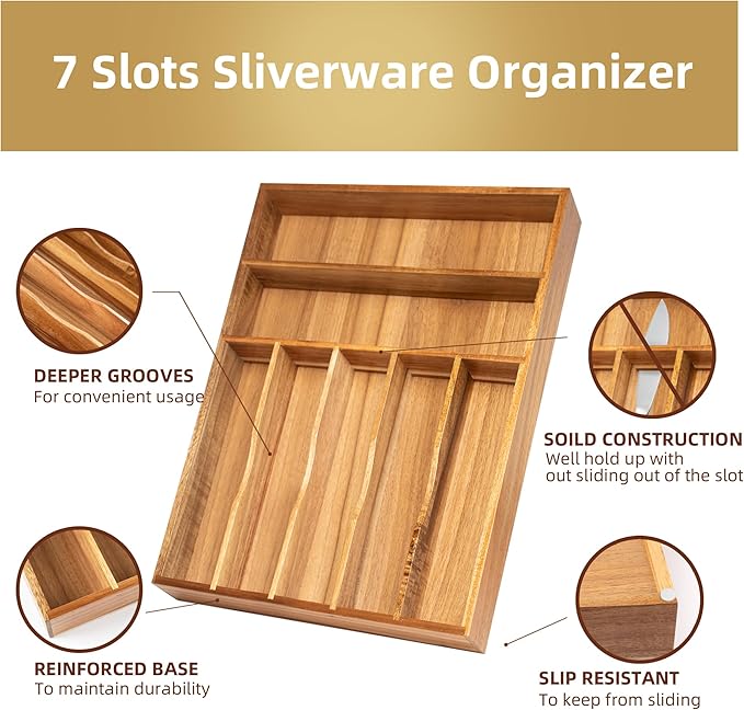 Besilord Silverware Organizer Kitchen Drawer Organizer Utensil Organizer Acacia Silverware Holder Cutlery Organizer in Drawer Flatware Organizer Tray(7 slots, Acacia - Image 3