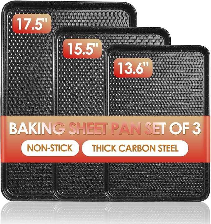 Baking Sheet Pan Set of 3, Nonstick Carbon Steel Cookie Sheets with Texture, Commercial Half/Quarter/Jelly Roll Pans Replacement Toaster Oven Tray, Heavy Duty & Easy Clean, Black by Deedro