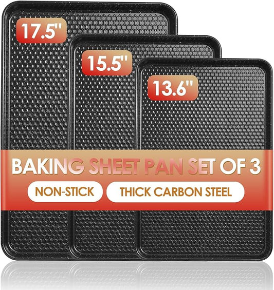Baking Sheet Pan Set of 3, Nonstick Carbon Steel Cookie Sheets with Texture, Commercial Half/Quarter/Jelly Roll Pans Replacement Toaster Oven Tray, Heavy Duty & Easy Clean, Black by Deedro
