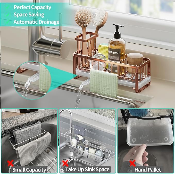 HapiRm Sponge Holder for Kitchen Sink - Self-draining Sink Caddy with Brush and Dishcloth Holders, Stainless Steel Kitchen Organizer for Countertop - Rose Gold - Image 7