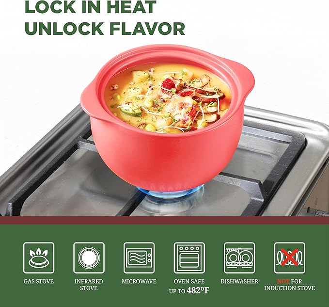 MINH LONG 3-Qt Porcelain Dutch Oven with Lid – Lead & Cadmium Free, Oven Safe to 482°F, Heat Retention, Clay Pot for Cooking on Gas & Infrared Cooktop, Use to Marinate, Cook, Bake, Refrigerate & Serve