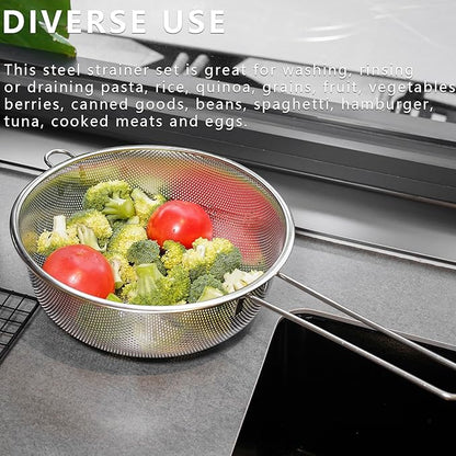 Metal Fine Mesh Strainer and Colander for Kitchen with Handle, Stainless Steel Pasta Strainer/Kitchen Funnel/Collander/Sifter for Strain/Wash Vegetables, Fruits, Spaghetti, Rice (8.6＂)