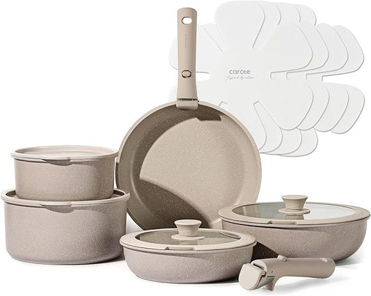 CAROTE 15pcs Pots and Pans Set, Nonstick Cookware Set Detachable Handle, Induction Kitchen Cookware Sets Non Stick with Removable Handle, RV Cookware Set, Oven Safe, Taupe by CAROTE