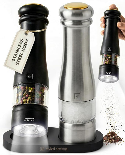 Electric Salt and Pepper Grinder Set - Styled Settings Electric Salt and Pepper Shakers, Automatic Stainless Steel Set with LED Light, Battery Operated, Adjustable Coarseness, Wood Base
