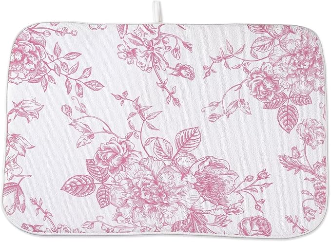 Pink Chinoiserie Floral Dish Drying Mat 18 x 24 inch Vintage Flower Decorative Drying Mats Microfiber Absorbent Dish Washable Draining Mat for Kitchen Counter Decor