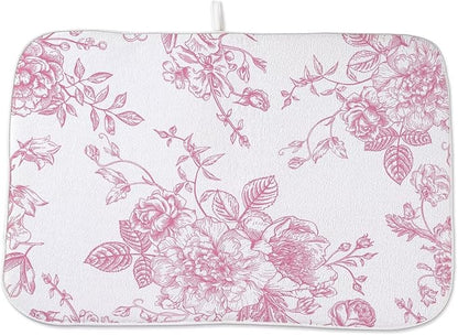 Pink Chinoiserie Floral Dish Drying Mat 18 x 24 inch Vintage Flower Decorative Drying Mats Microfiber Absorbent Dish Washable Draining Mat for Kitchen Counter Decor