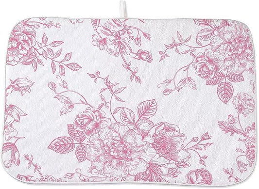 Pink Chinoiserie Floral Dish Drying Mat 18 x 24 inch Vintage Flower Decorative Drying Mats Microfiber Absorbent Dish Washable Draining Mat for Kitchen Counter Decor