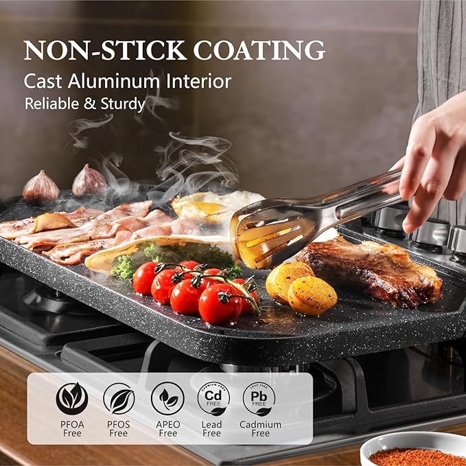 SENSARTE Nonstick Griddle Grill Pan, Pro-Grid Reversible Grill & Griddle Pan, Two Burner Cast Aluminum, Portable for Indoor Stovetop or Outdoor Camping BBQ, 19.5" x 10.7" - Image 2