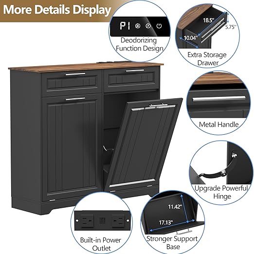 Double 10 Gallon Tilt Out Trash Can Cabinet with Deodorizing Function and Power Outlet, Wooden Hidden Garbage Can Holder with 2 Storage Drawers for Kitchen, Laundry Hamper Cabinet for Bathroom, Black